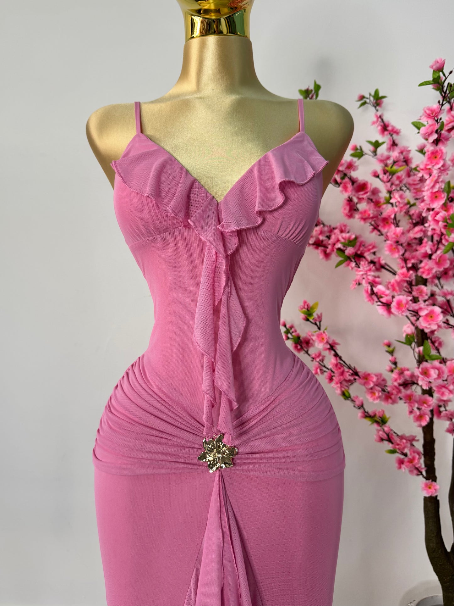 Vestido rosa mesh tirantes