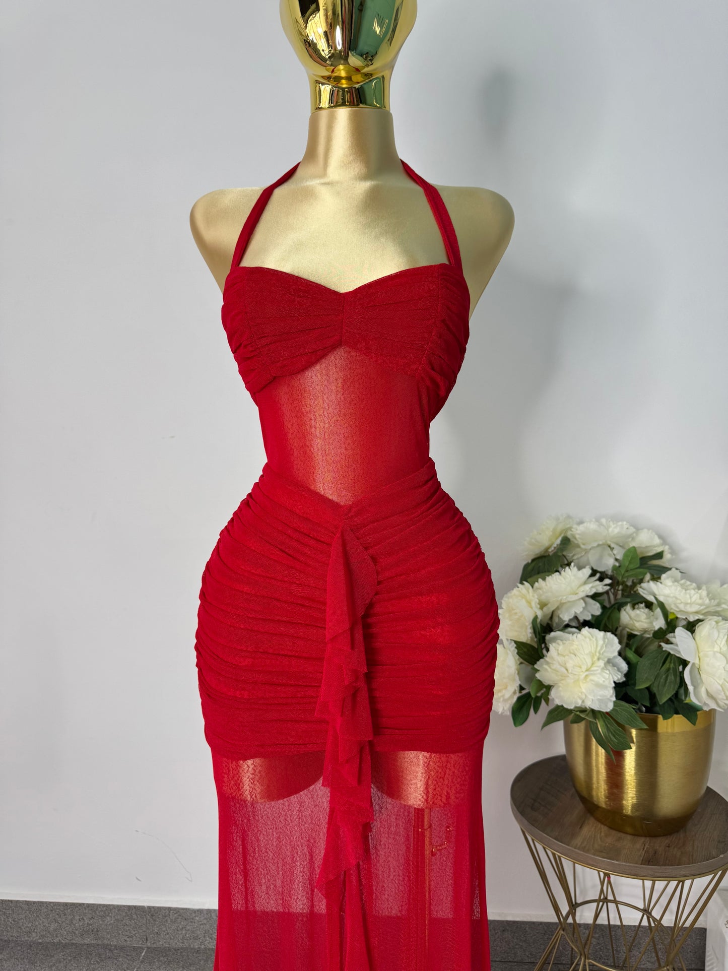vestido rojo halter mesh