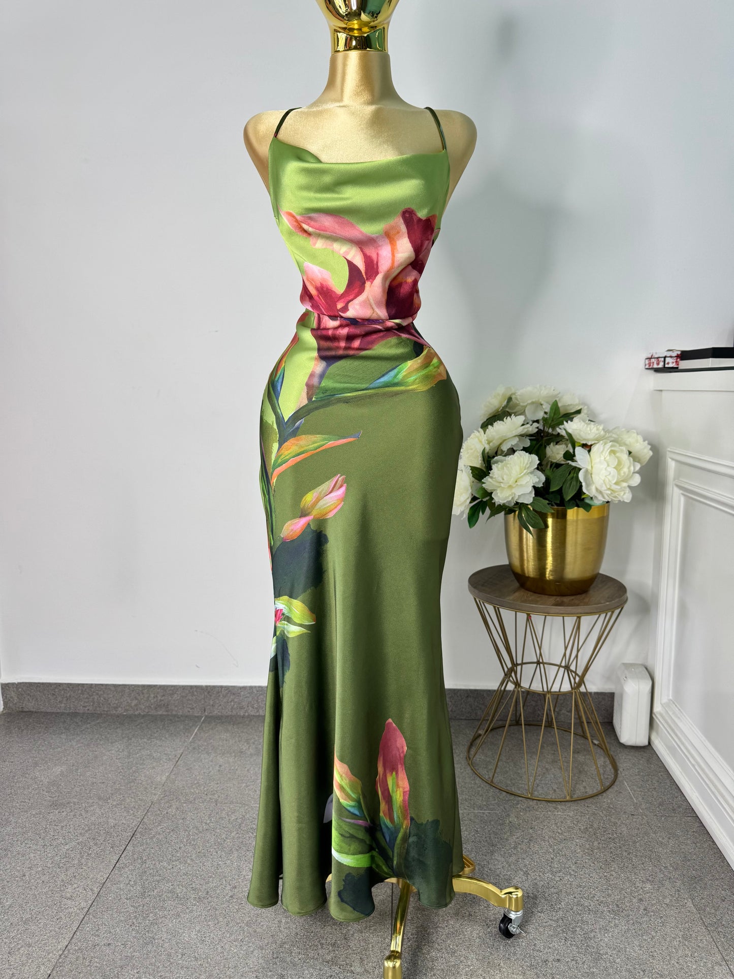 Vestido verde satin estampado