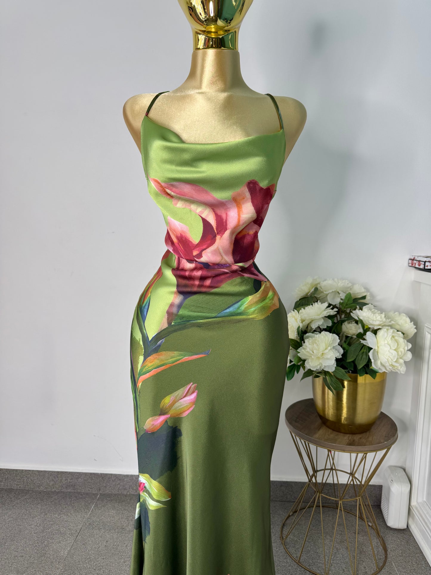 Vestido verde satin estampado