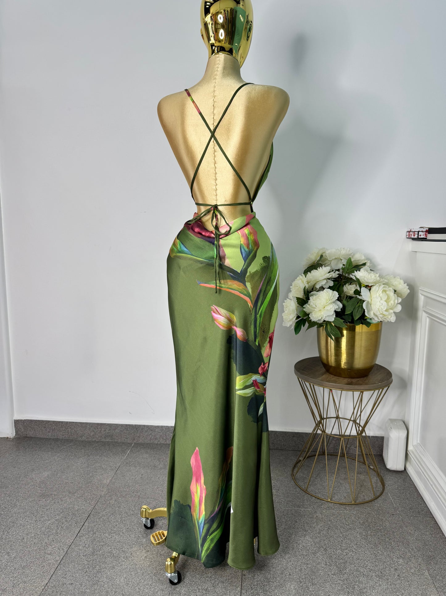 Vestido verde satin estampado