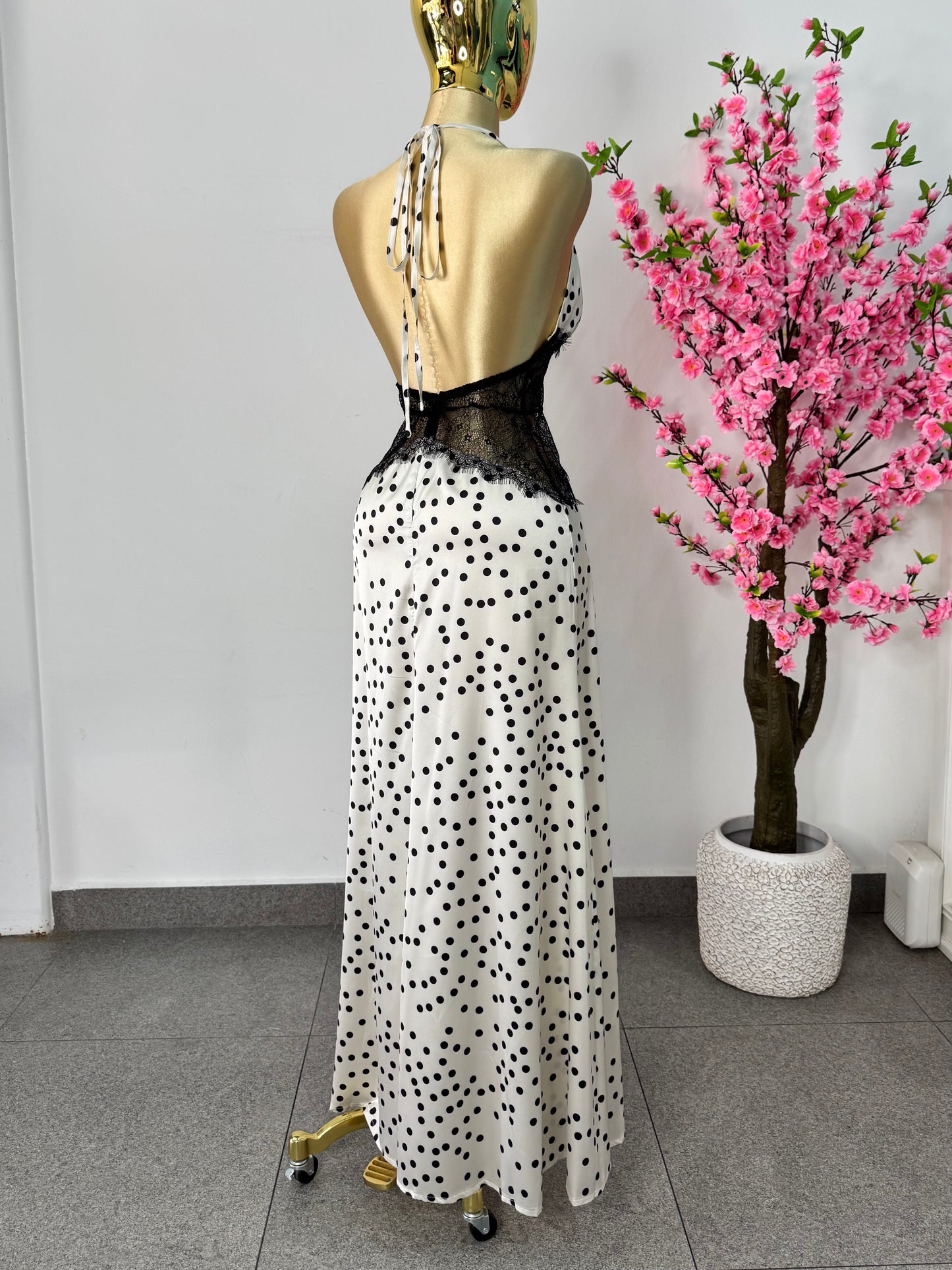 Vestido satin polka con encaje