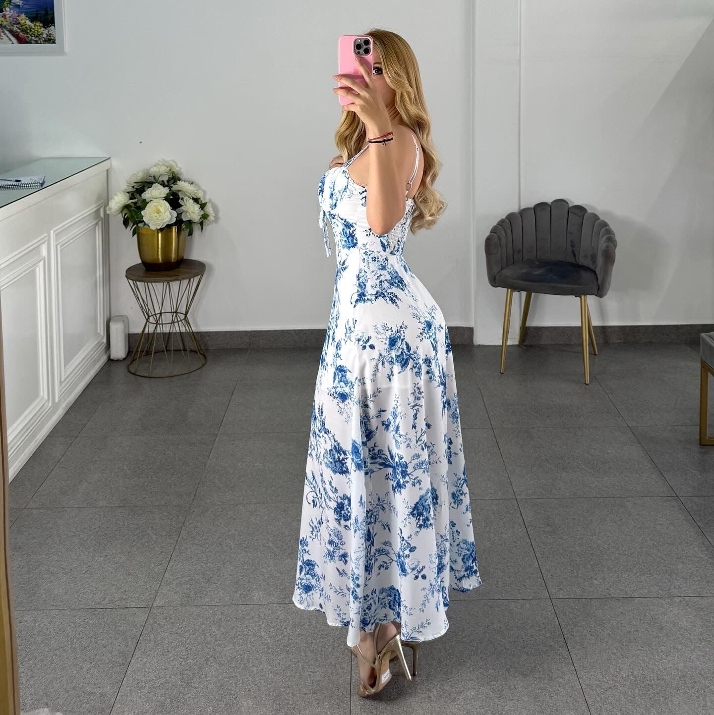 Vestido mesh blanco flores azul