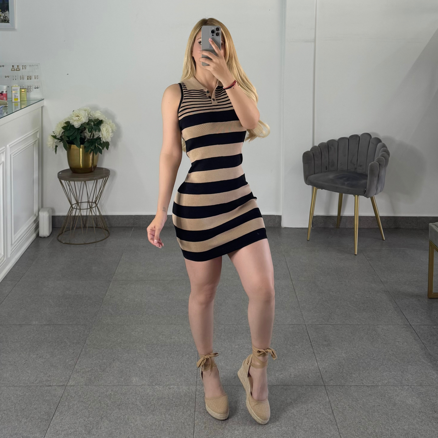 vestido punto rayado negro con cafe