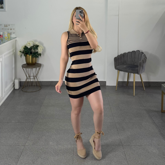 vestido punto rayado negro con cafe