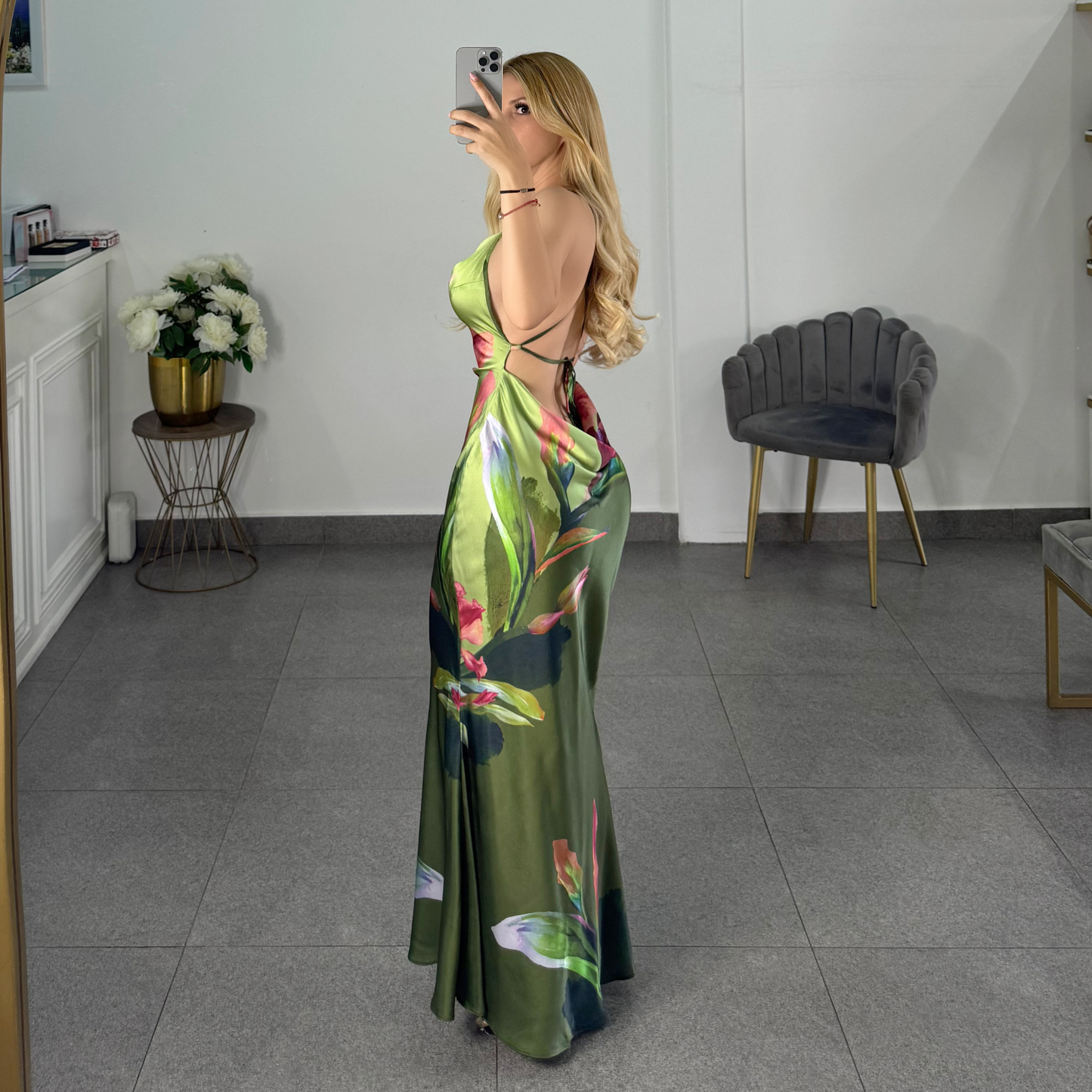 Vestido verde satin estampado