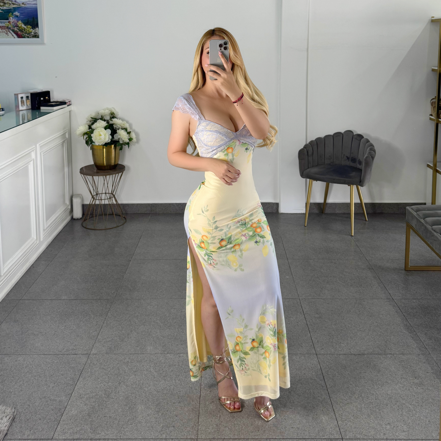 Vestido mesh amarillo y azul