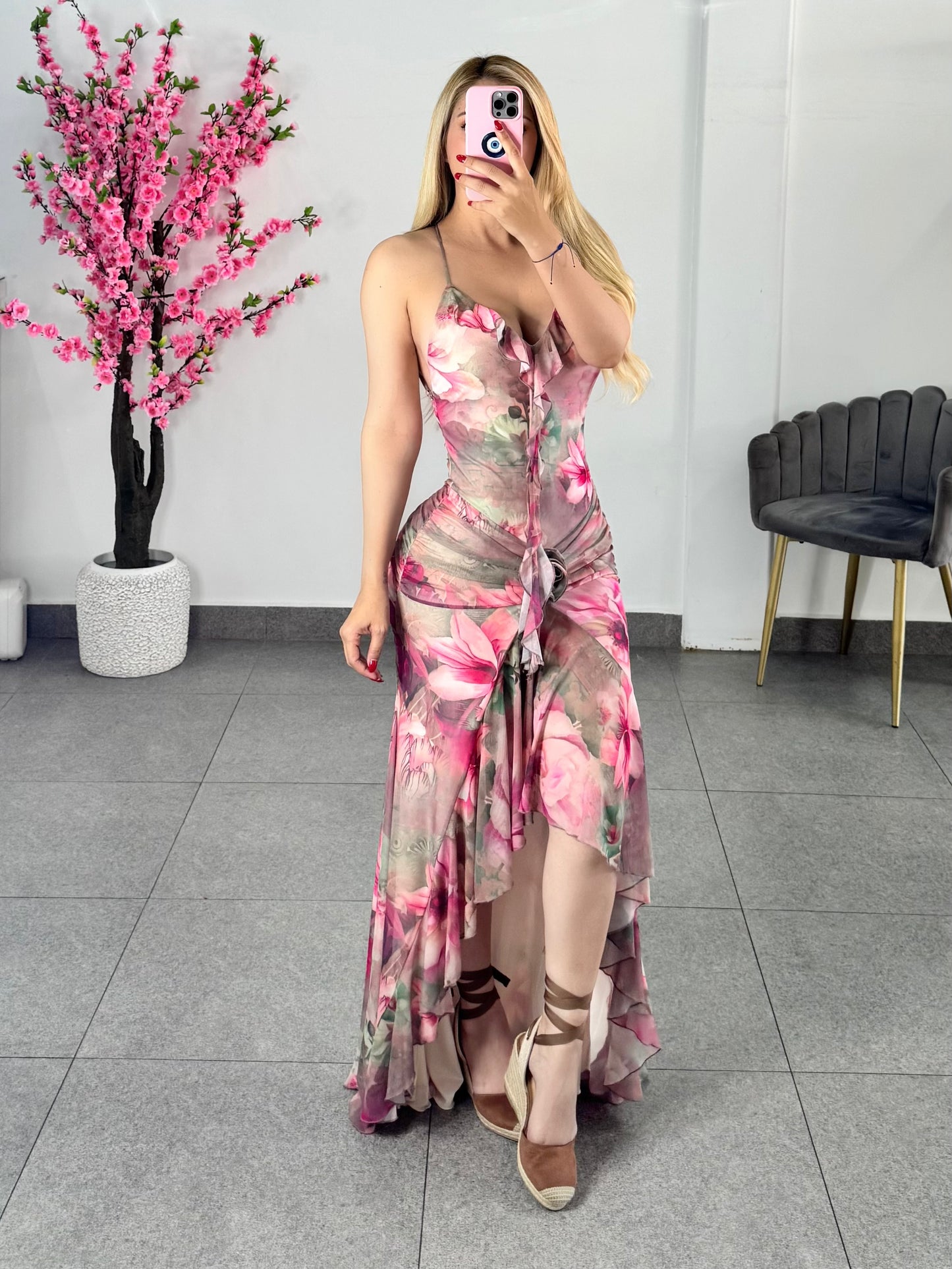 Vestido Mesh tonos rosa y cafe