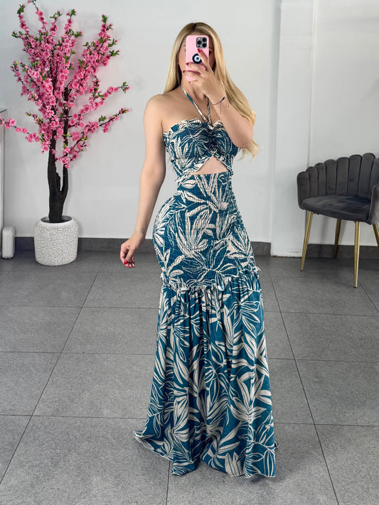 Vestido azul Aqua y beige