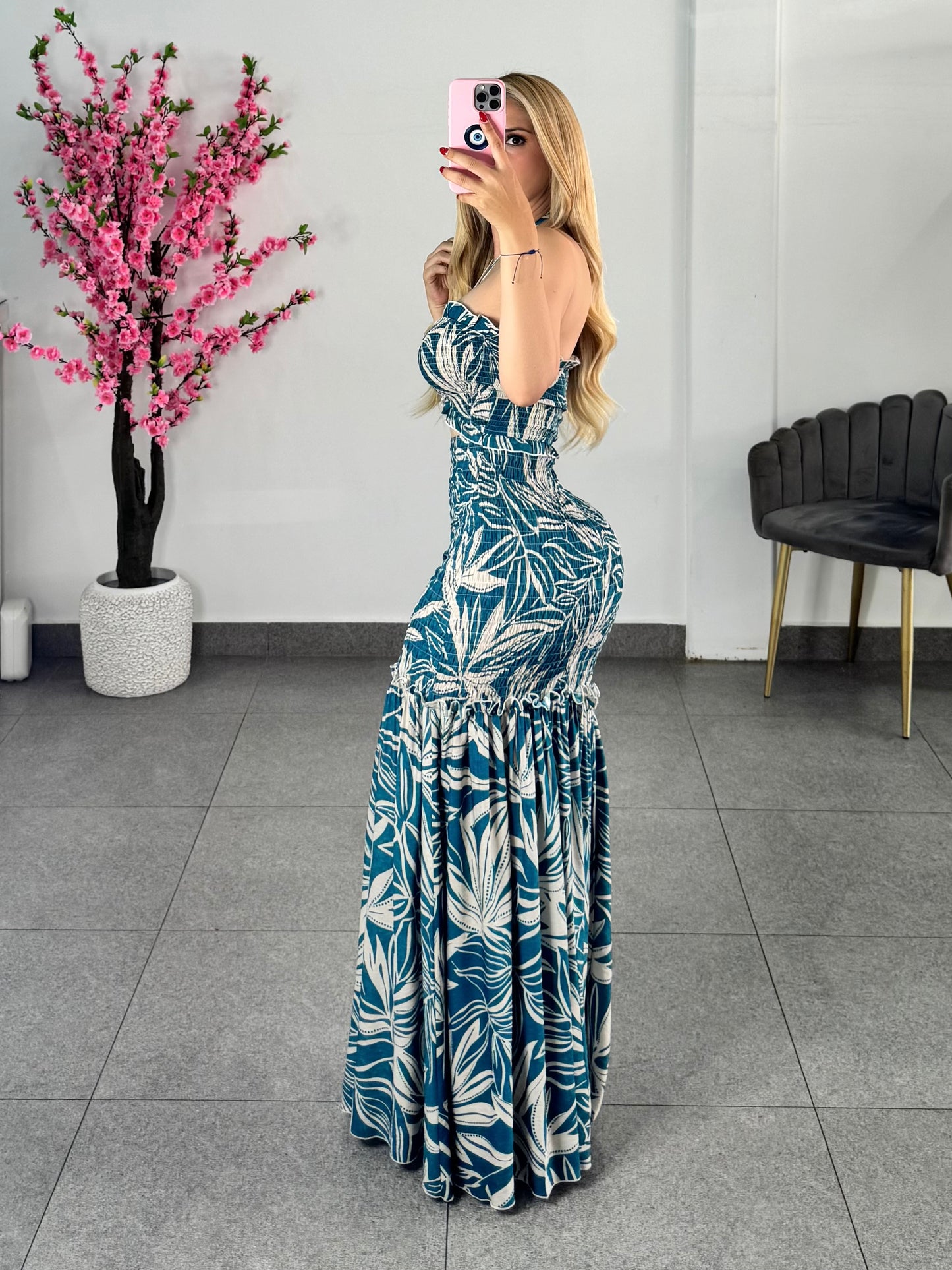 Vestido azul Aqua y beige