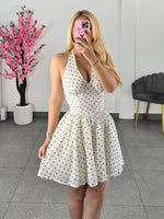 Vestido corto halter polka beige con negro