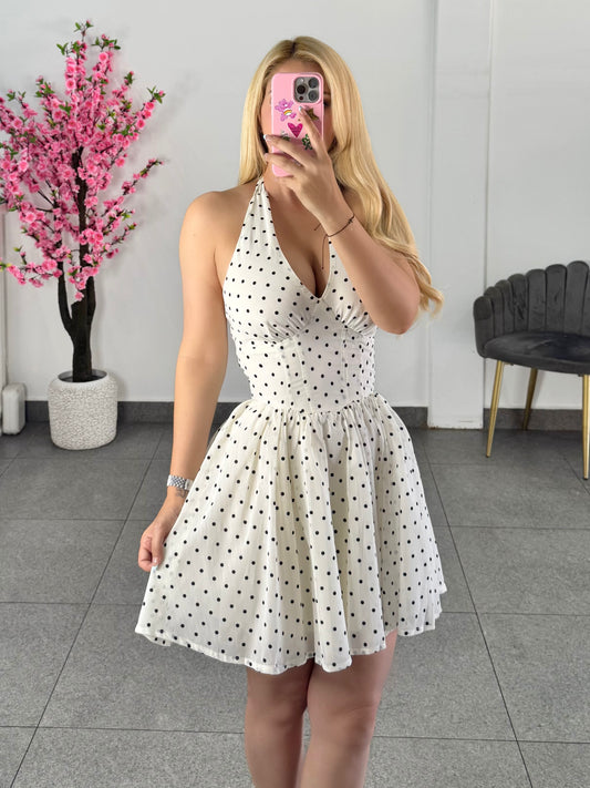 Vestido corto halter polka beige con negro