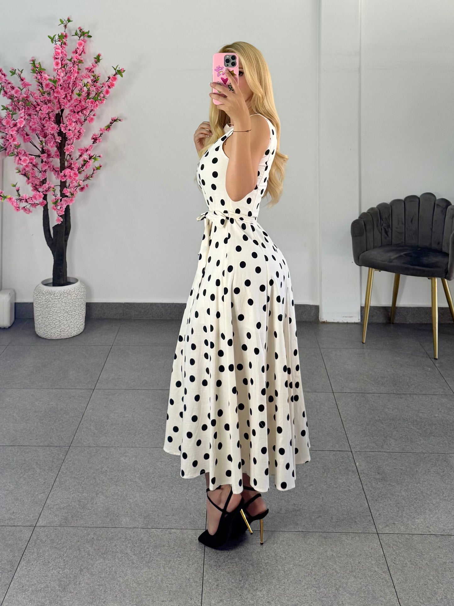 Vestido midi polka negro con beige