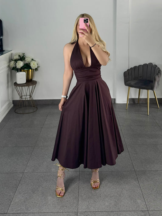 vestido midi tono cafe