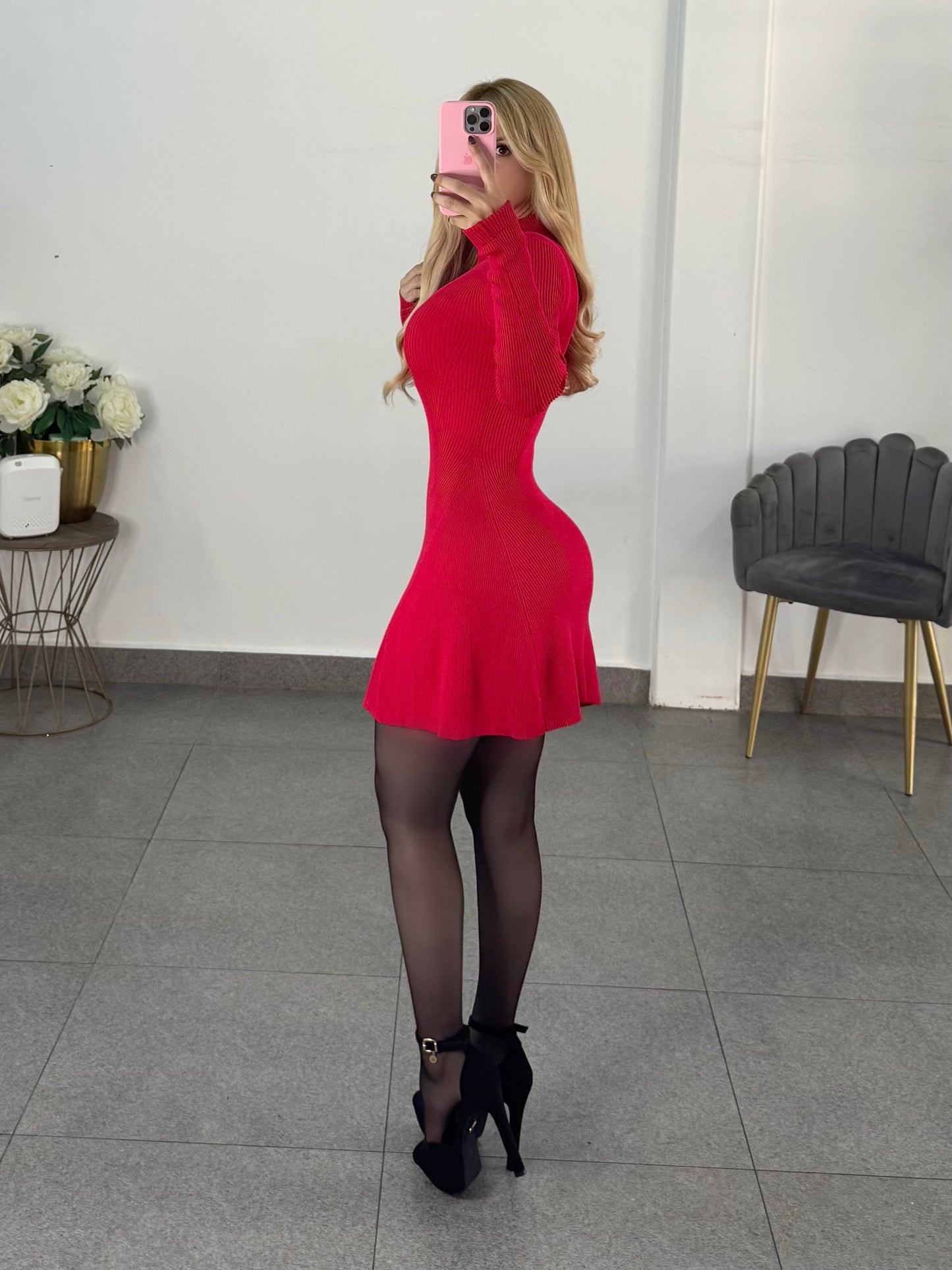 Vestido punto rojo manga larga