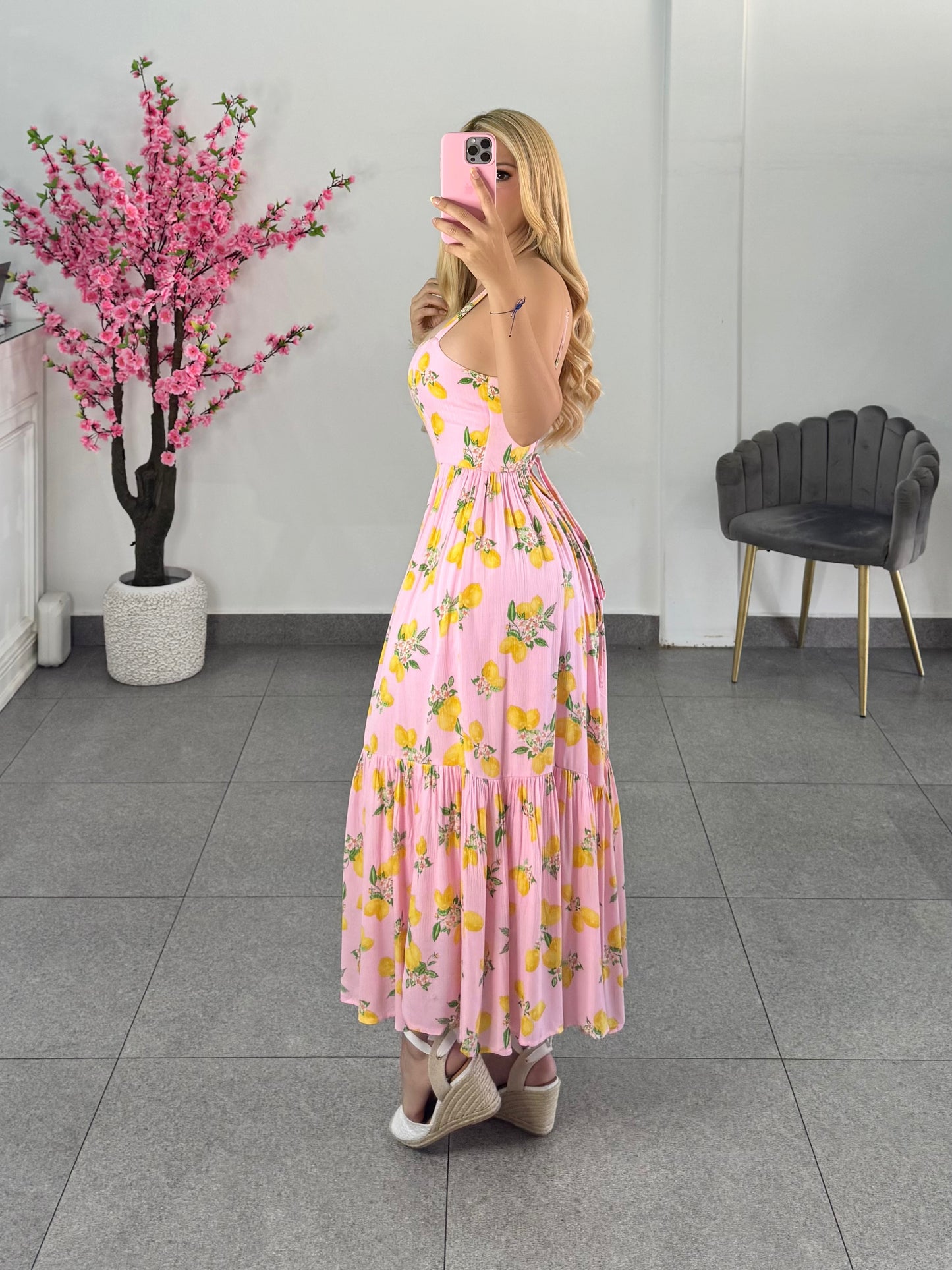 Vestido midi rosa limones