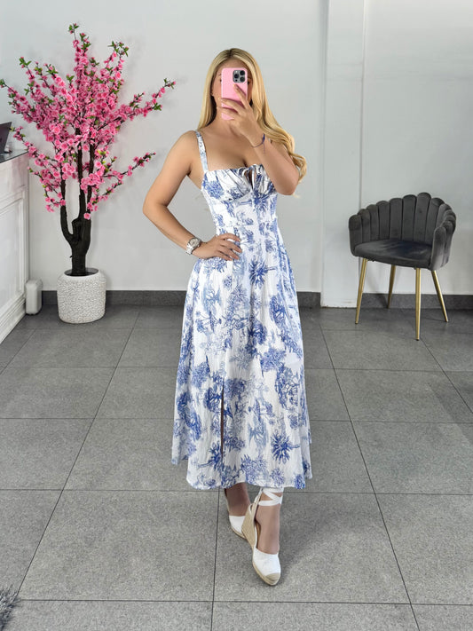 Vestido midi estampado blanco con azul