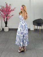Vestido midi estampado blanco con azul