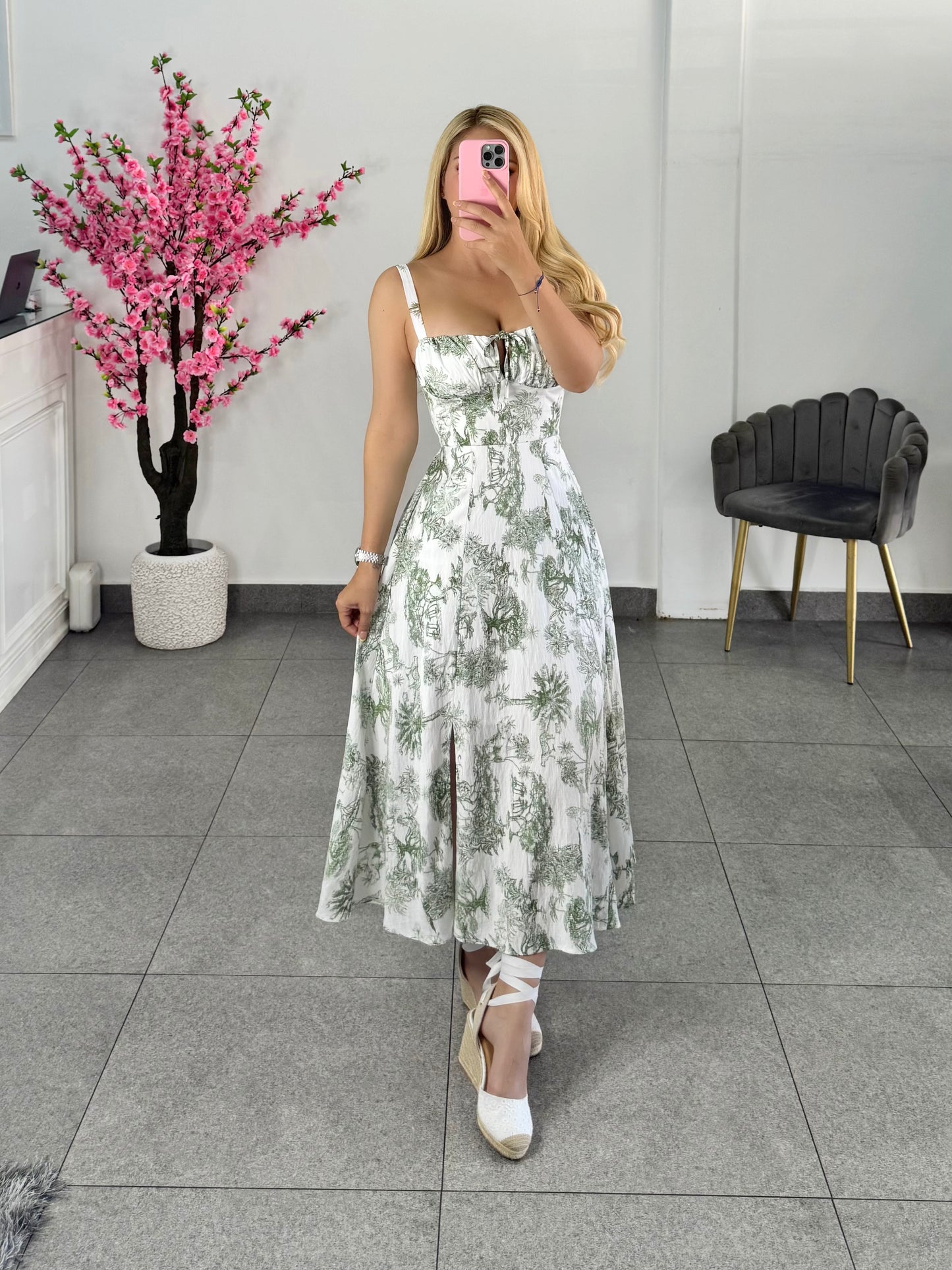 Vestido midi estampado blanco con verde