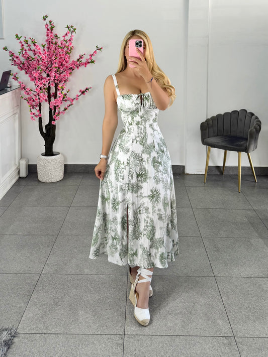 Vestido midi estampado blanco con verde