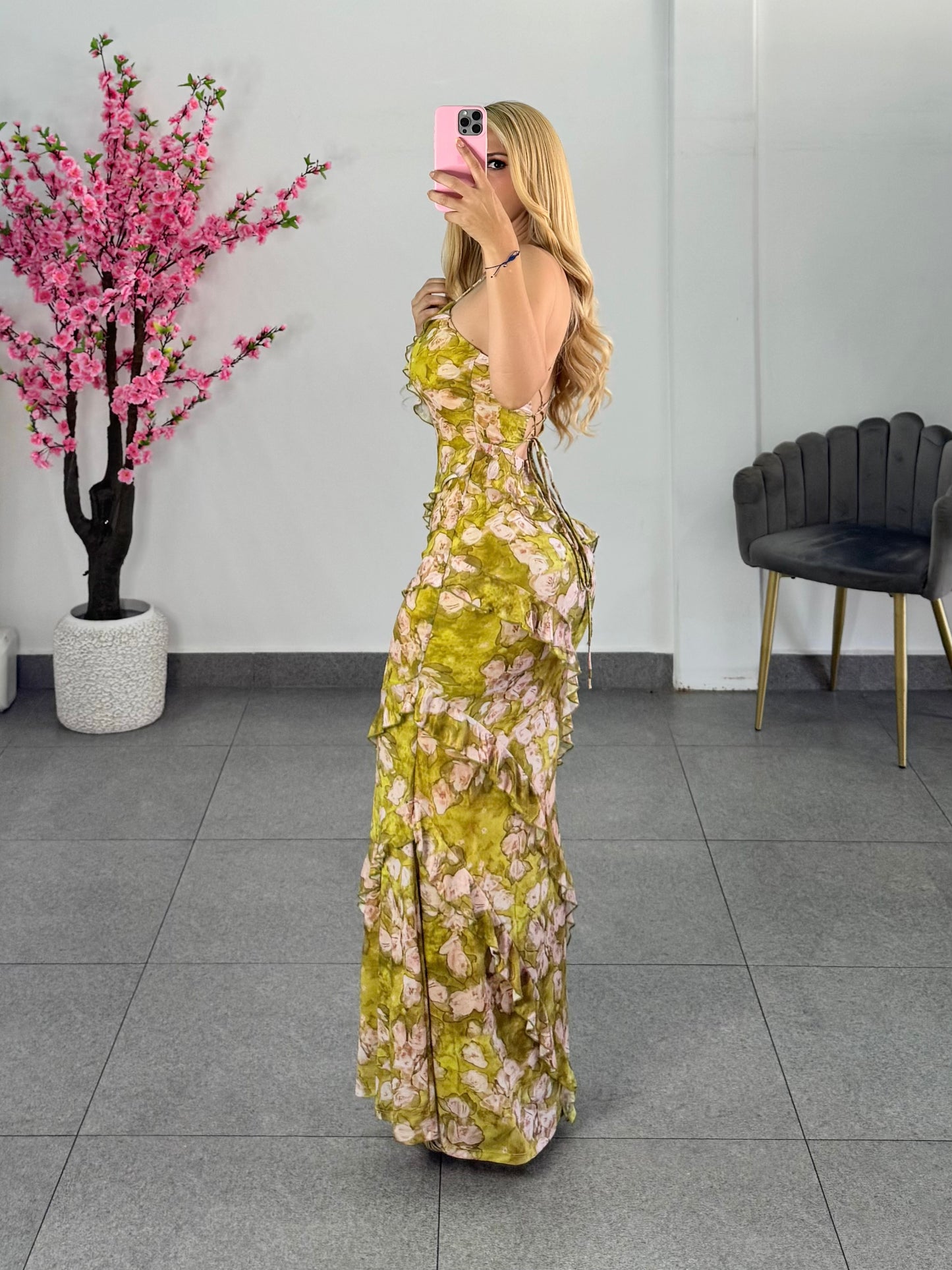 Vestido mesh floreado tonos verde lima