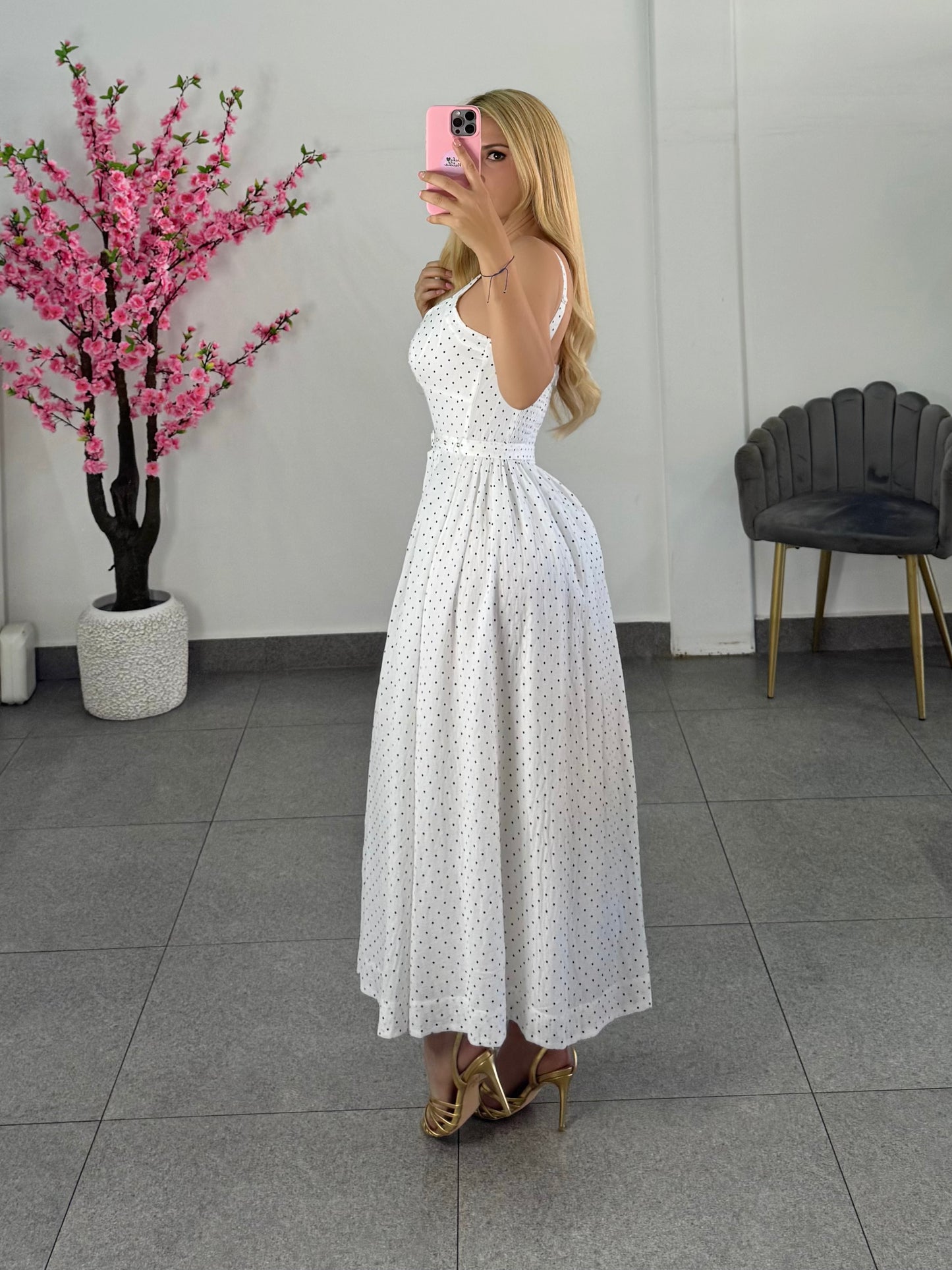 Vestido midi blanco polka dots