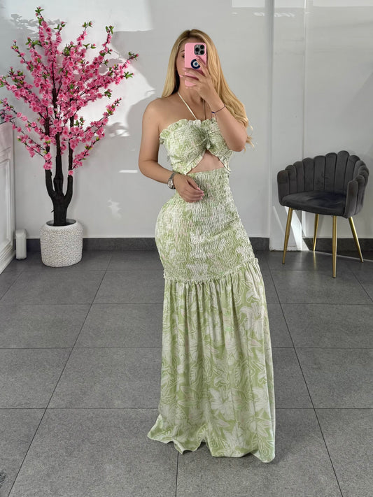 Vestido verde con rosa