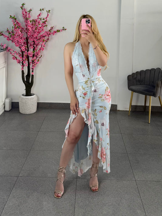 Vestido mesh floreado halter con encaje