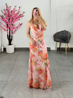 Vestido halter floreado coral