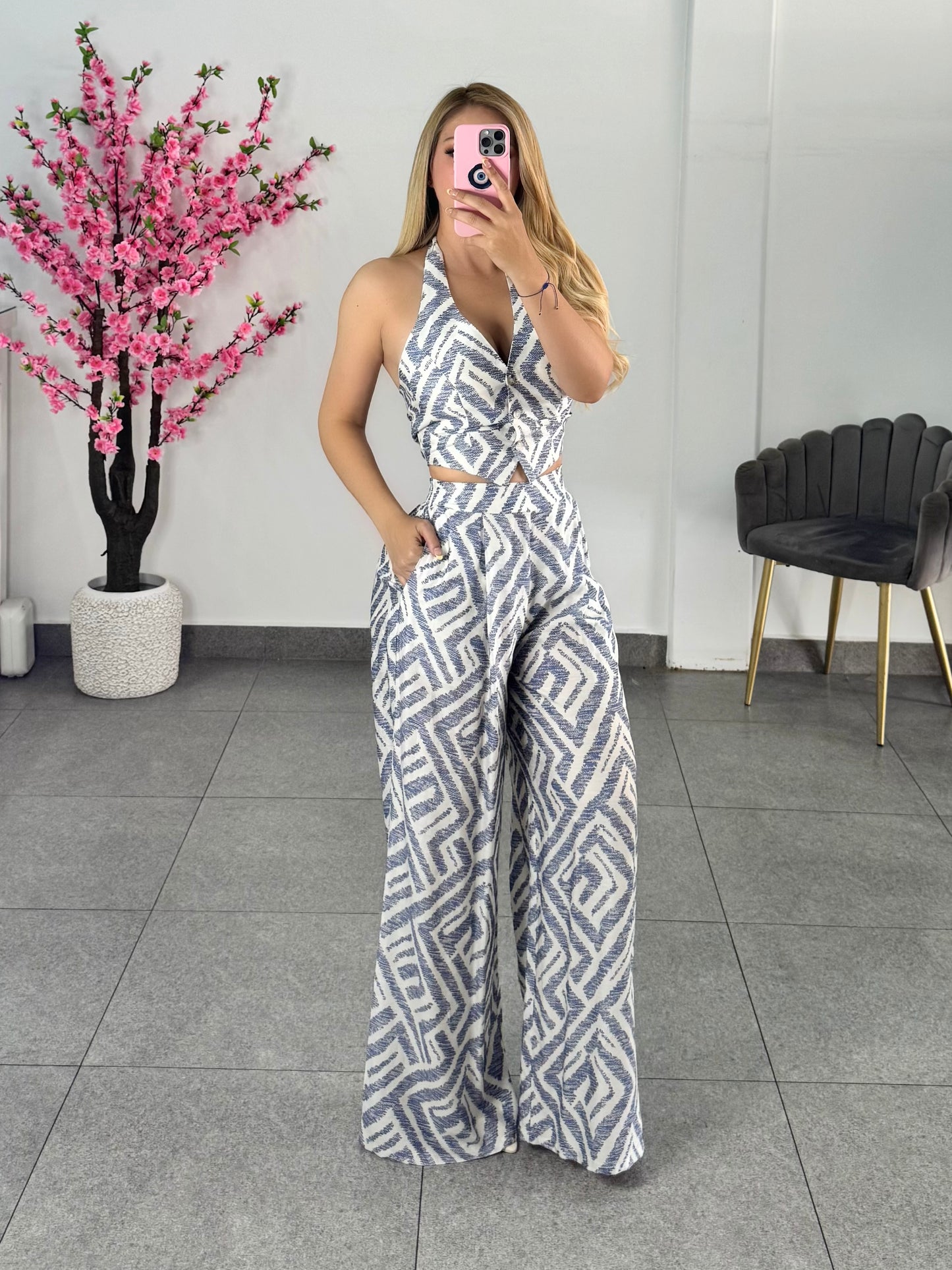 set top & pantalon blanco con azul