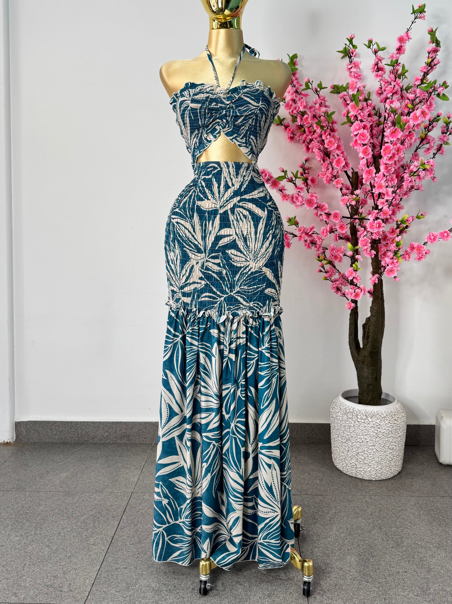 Vestido azul Aqua y beige