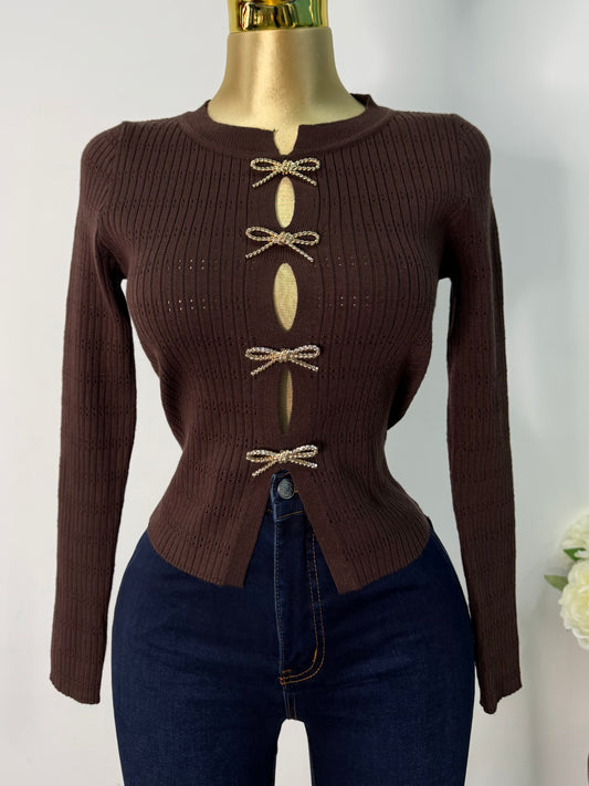 Sueter cafe moños dorados