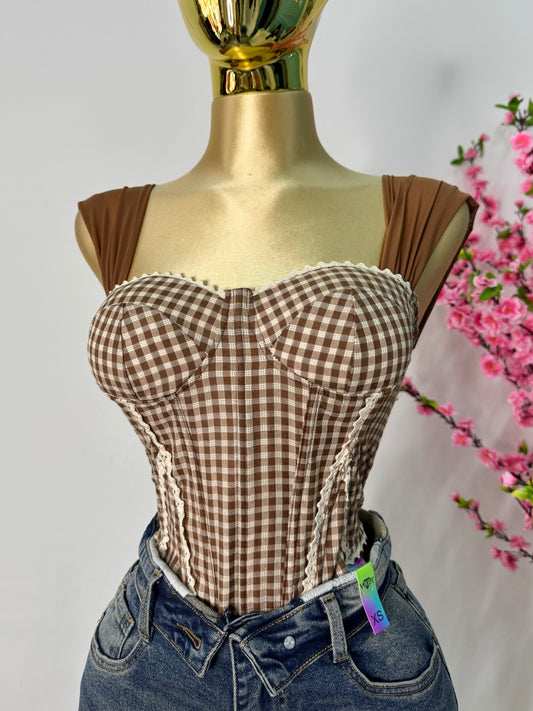 Top corset camel estampado cuadrado