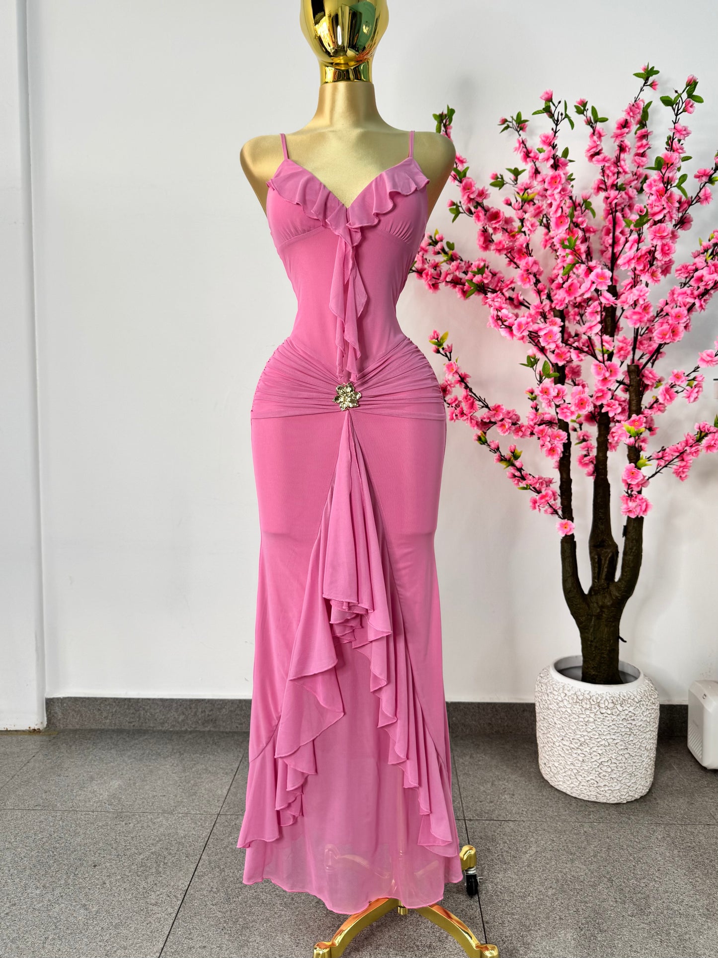 Vestido rosa mesh tirantes