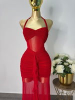vestido rojo halter mesh