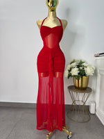 vestido rojo halter mesh