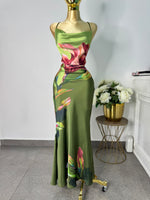 Vestido verde satin estampado