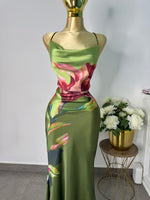 Vestido verde satin estampado