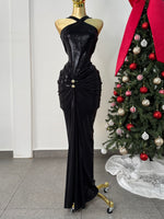 Vestido largo negro licra brilloso
