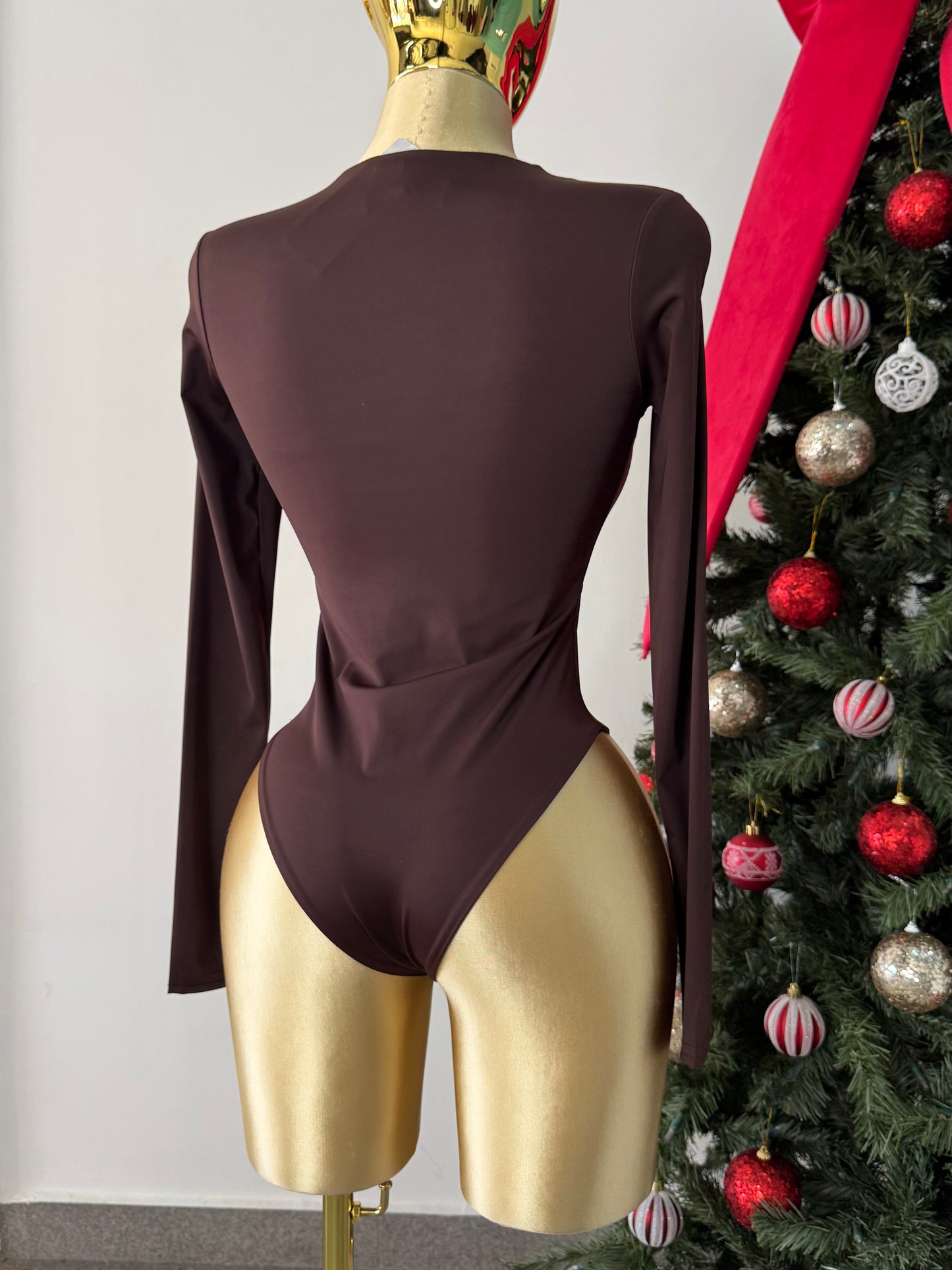 Body licra manga larga cafe escote en v