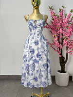 Vestido midi estampado blanco con azul