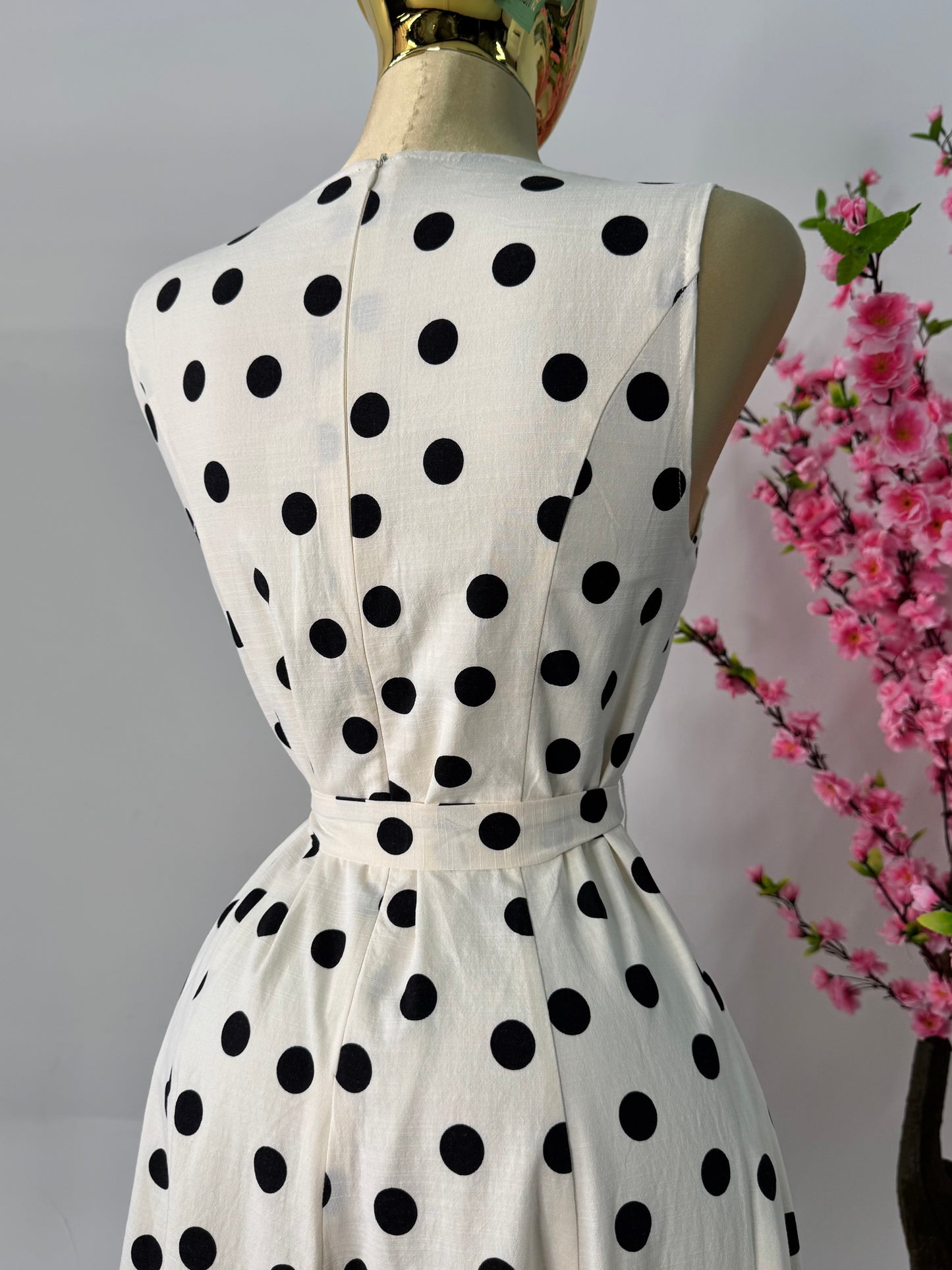 Vestido midi polka negro con beige