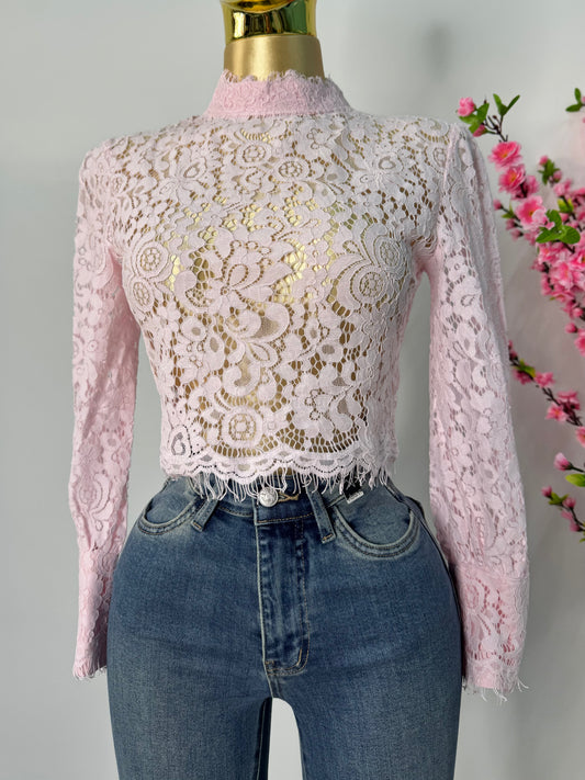Blusa encaje rosa pastel manga larga