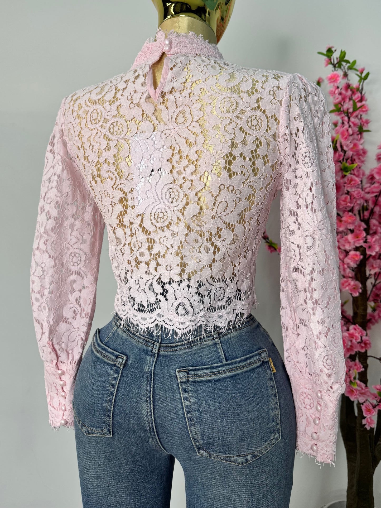 Blusa encaje rosa pastel manga larga