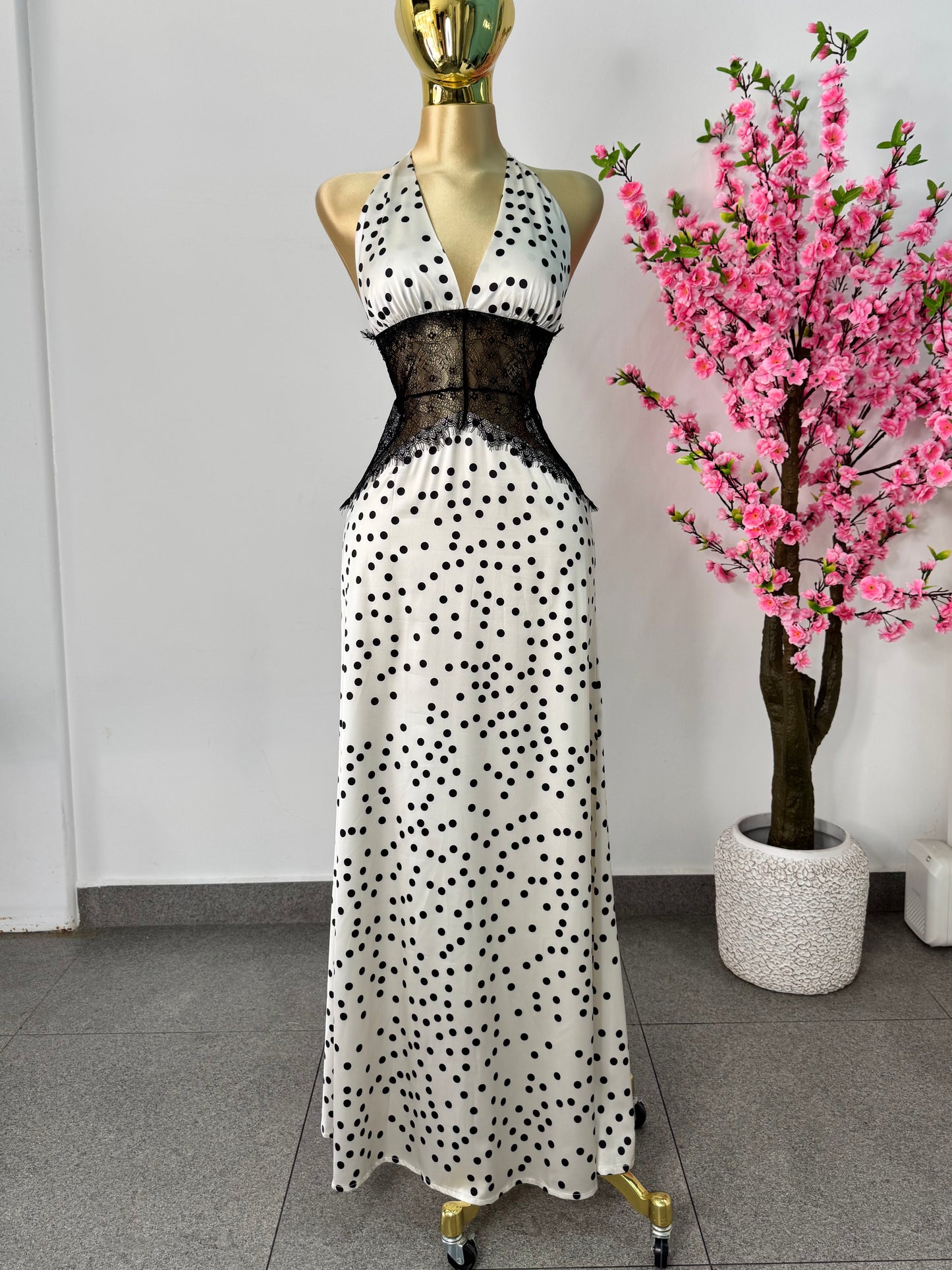 Vestido satin polka con encaje
