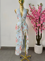 Vestido mesh floreado halter con encaje