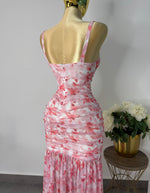 vestido floreado rosa con blanco mesh