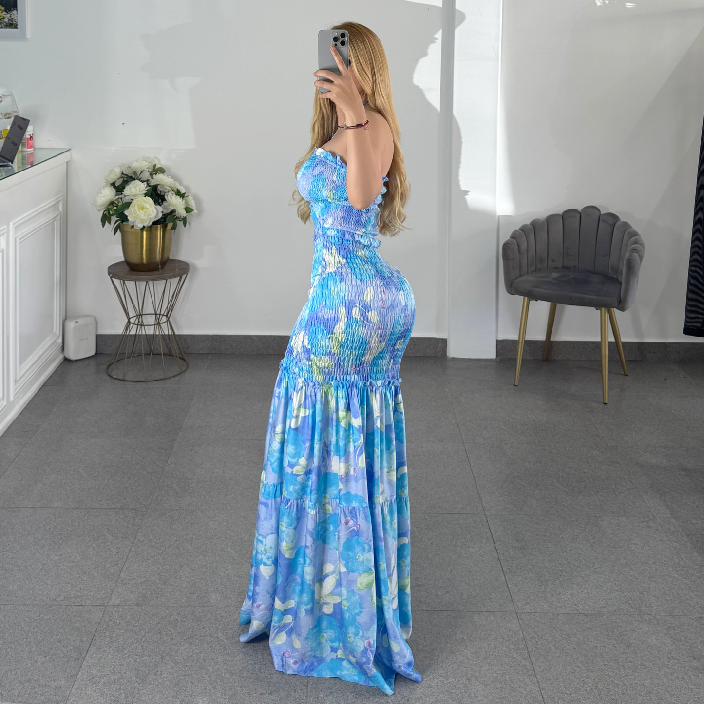 Maxi dress azul flores