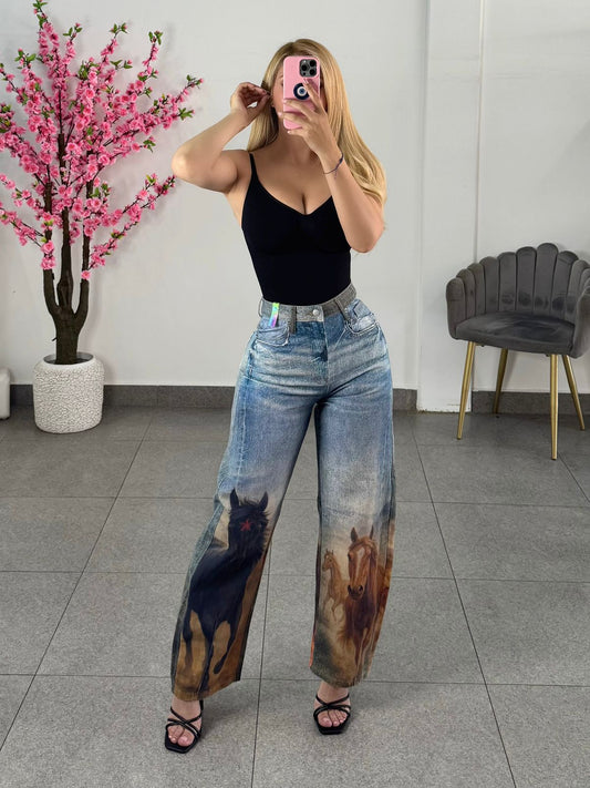 Vibrant estampado caballos tono mezclilla