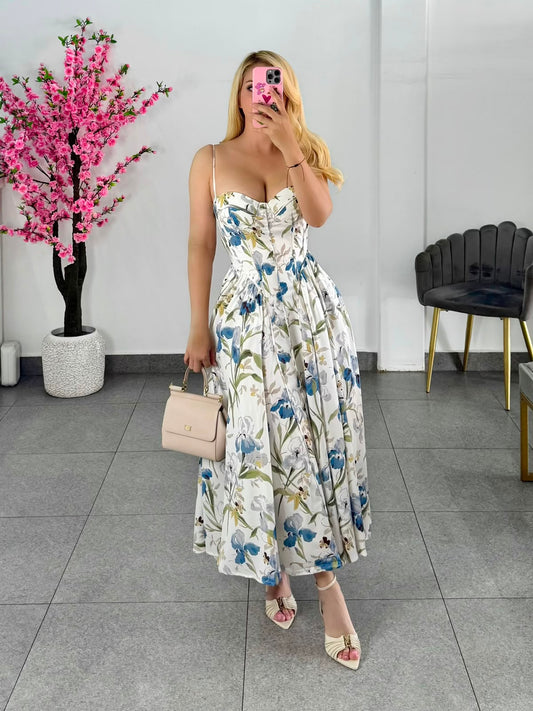 Vestido midi floreado tonos azul & verde